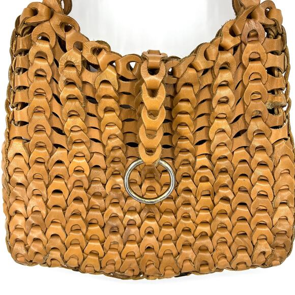 Handwoven Leather Crocheted Shoulder Bag Purse Caramel - Picture 2 of 10